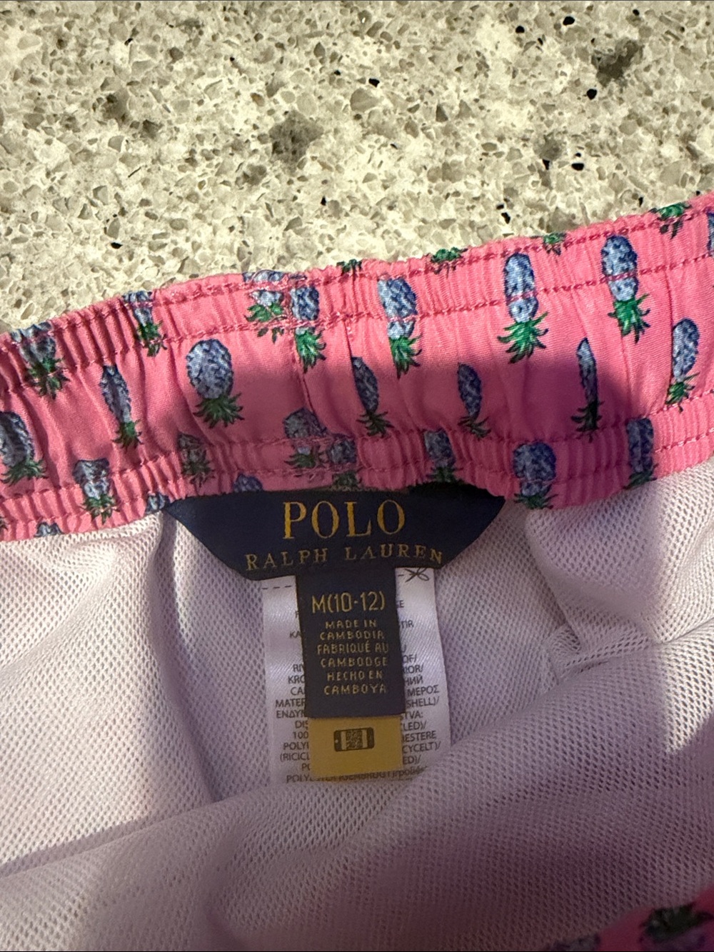 Polo by Ralph Lauren Pink Pineapple Print Boys' Swim Trunks with Blue Trim - Picture 4 of 6